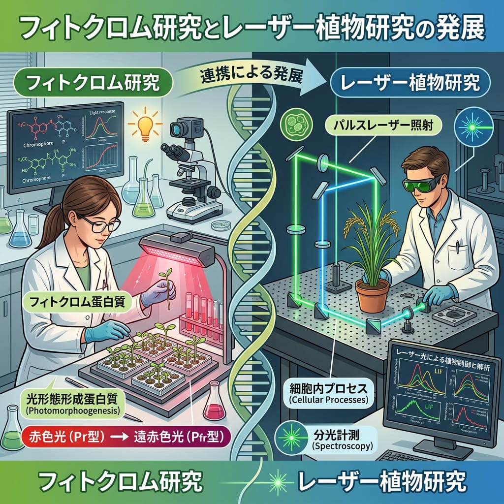 「フィトクロム研究とレーザー植物研究の発展」を示す、光合成研究とレーザー照射実験の比較図
