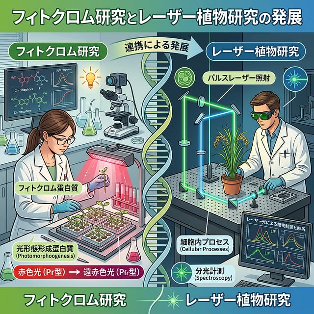 「フィトクロム研究とレーザー植物研究の発展」を示す、光合成研究とレーザー照射実験の比較図